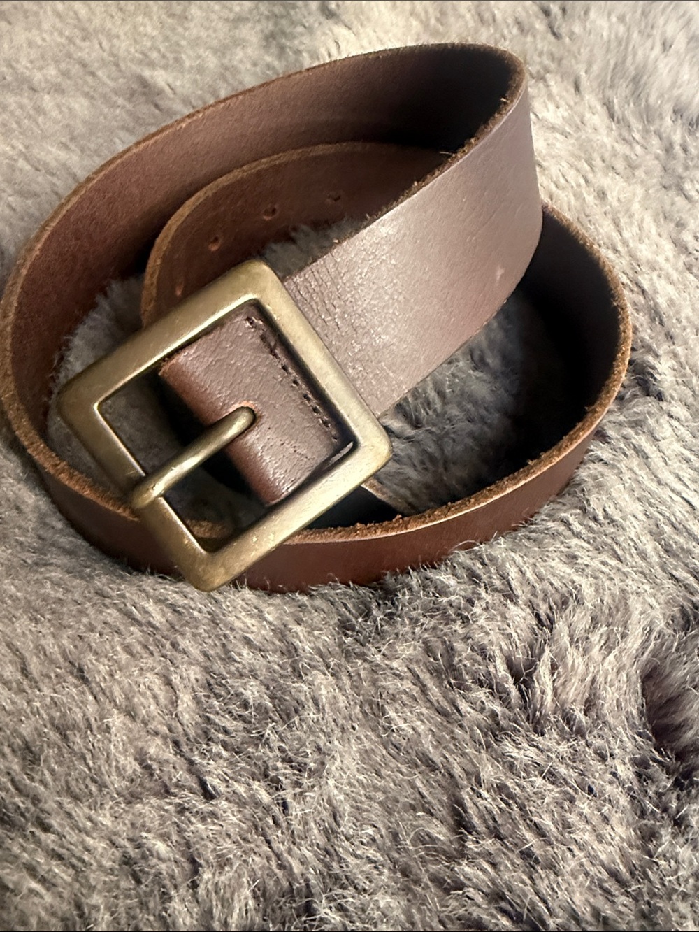 Women's Brown Leather Belt with Antique Brass Square Buckle